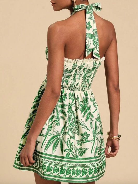 PALM TREES & PARROTS HALTER DRESS