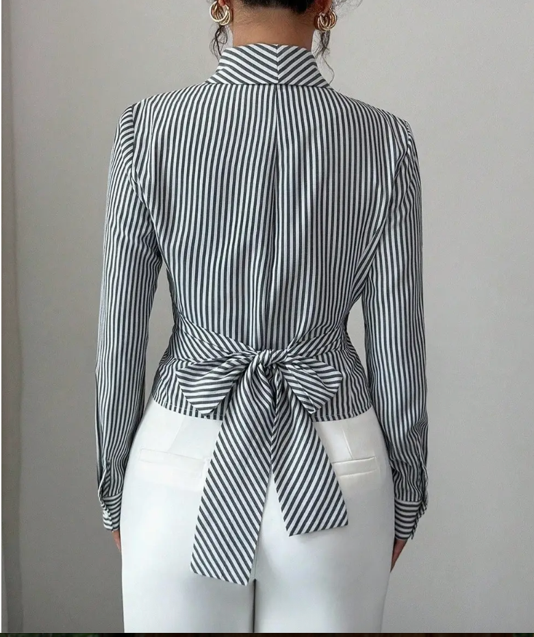 METAL BUCKLED STRIPED WRAP BLOUSE