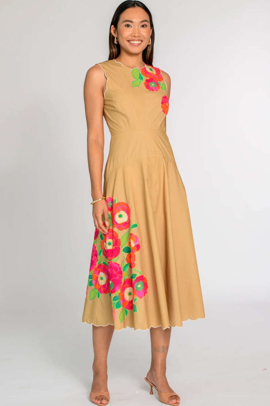 TAN POPPY PATCH MIDI DRESS
