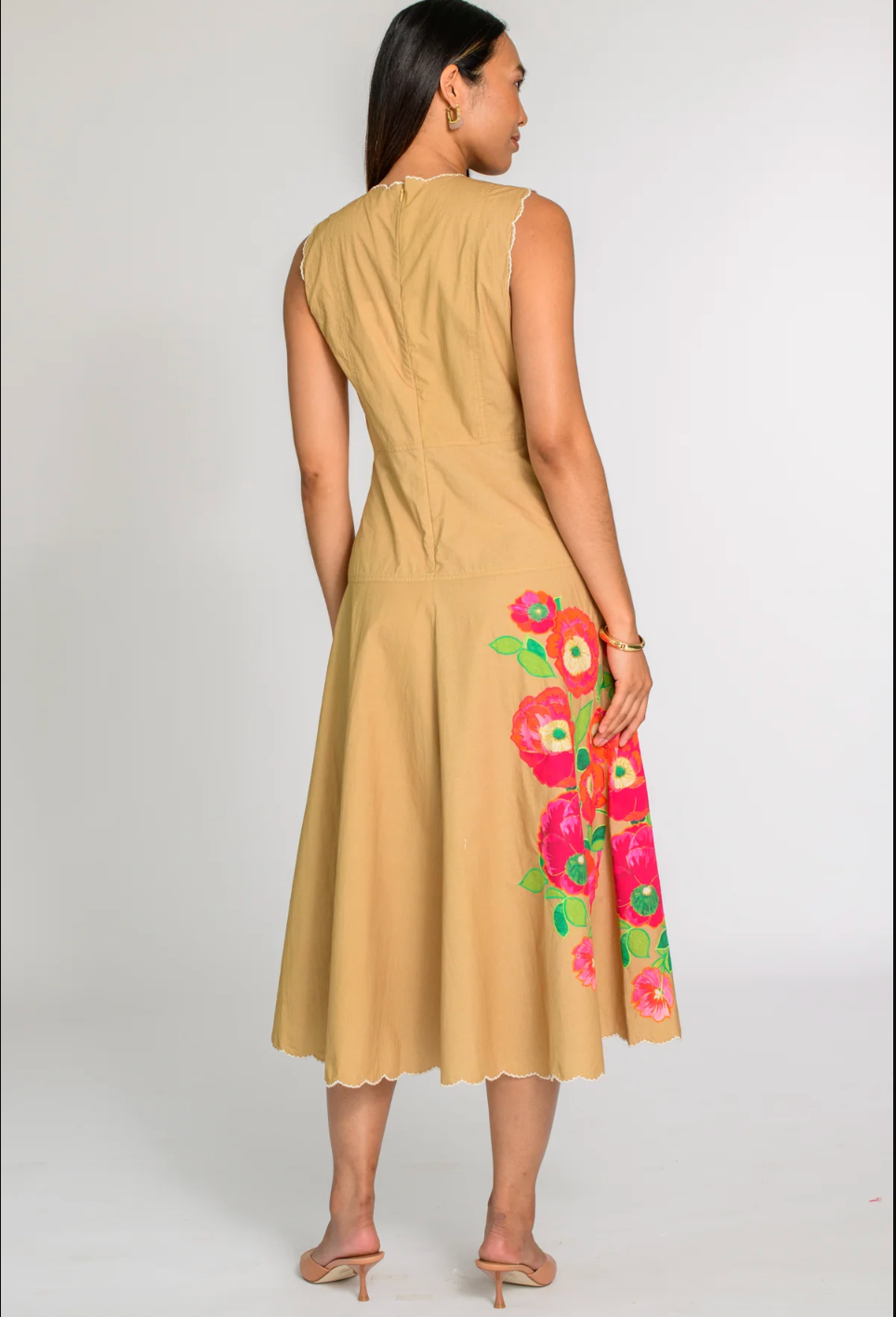 TAN POPPY PATCH MIDI DRESS