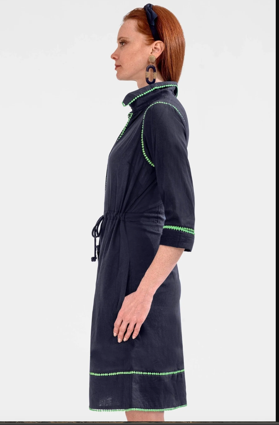 GLANCE MAVY GREEN TRIM DRESS