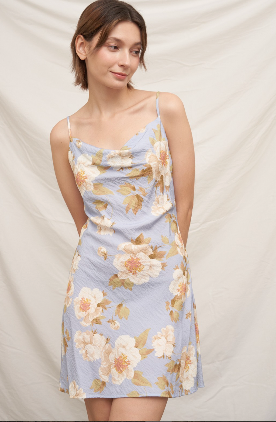 PERIWINKLE GARDEN COWL NECK SHORT DRESS