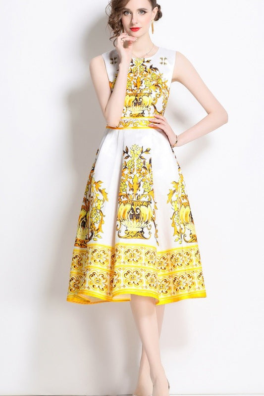YELLOW AND WHITE PORCELAIN PRINT DRESS