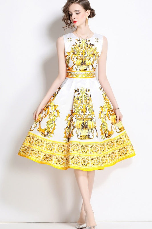 YELLOW AND WHITE PORCELAIN PRINT DRESS