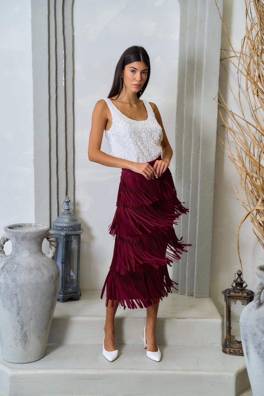 PLAYFUL FRINGE MULTI-TIERED SWEATER SKIRT