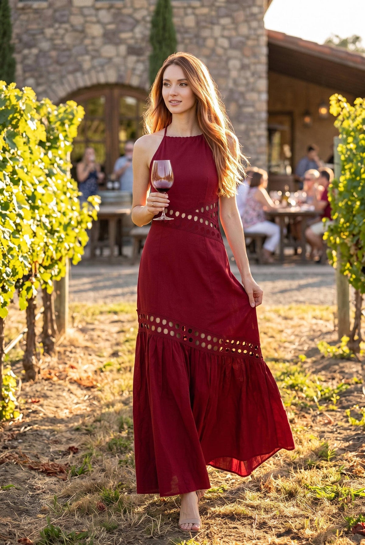 Cutwork lace trimmed maxi dress with halter neckline