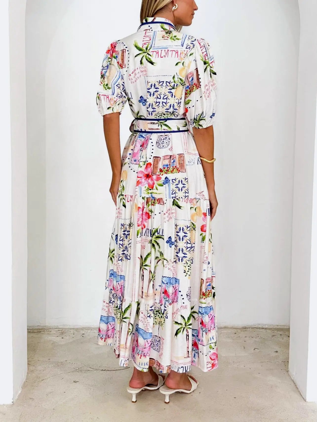BELLA'S TROPICAL BELTED MAXI SHIRT DRESS