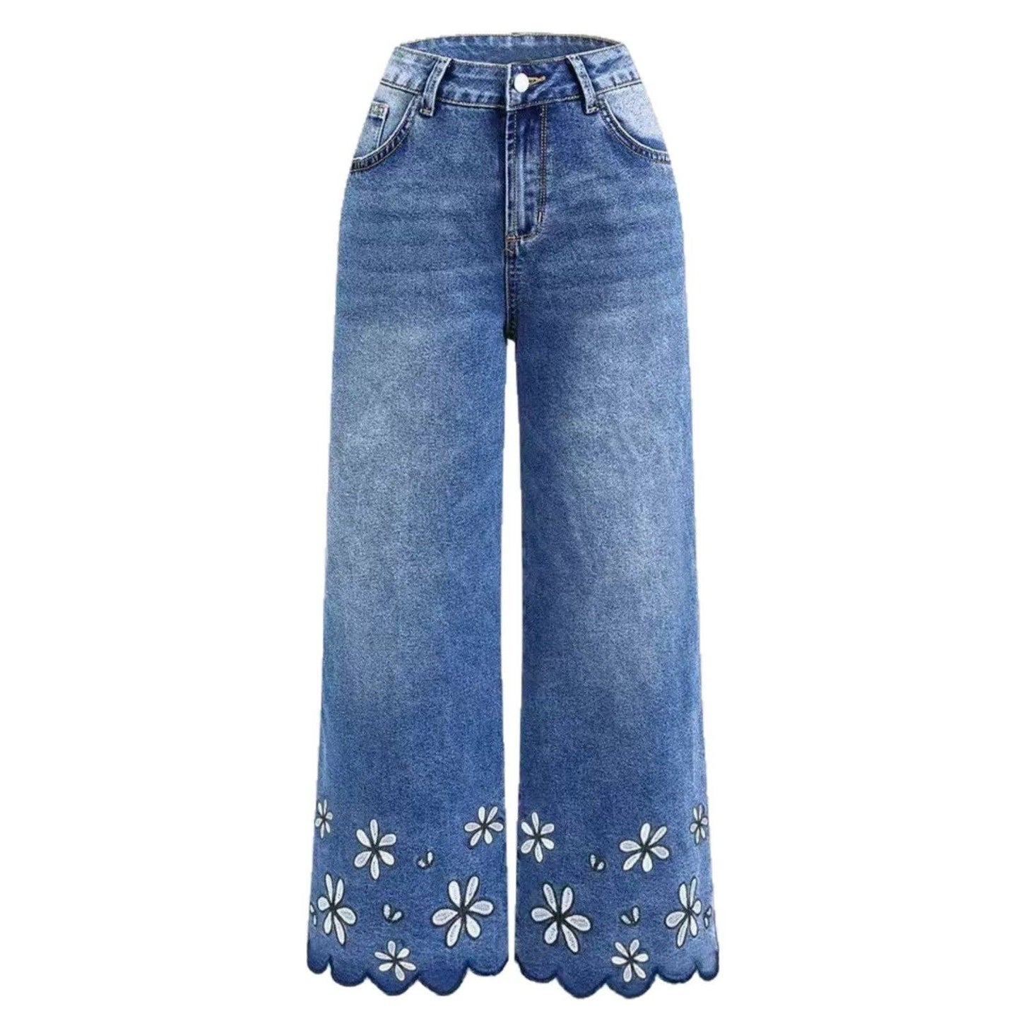 Boho Chic Floral Embroidered Wide Leg Jeans