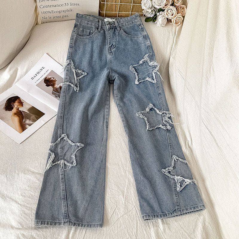 Star Patch Loose High Waist Straight Leg Jeans