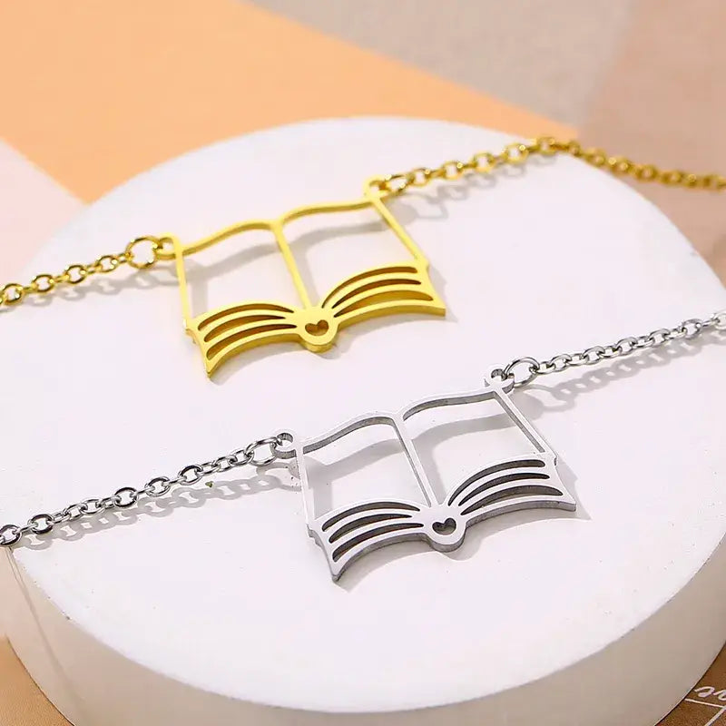18K Gold Book Lover Pendant Necklace – Stainless Steel