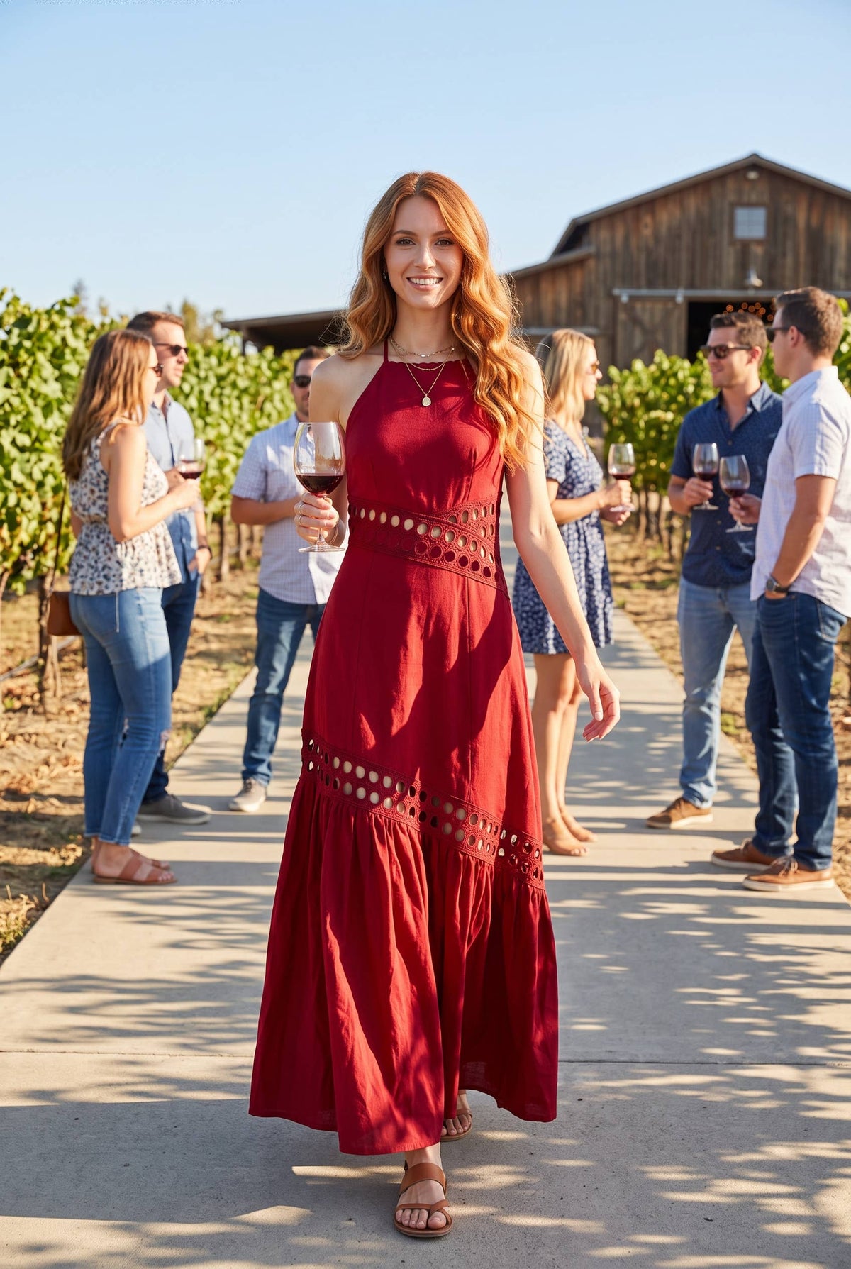 Cutwork lace trimmed maxi dress with halter neckline