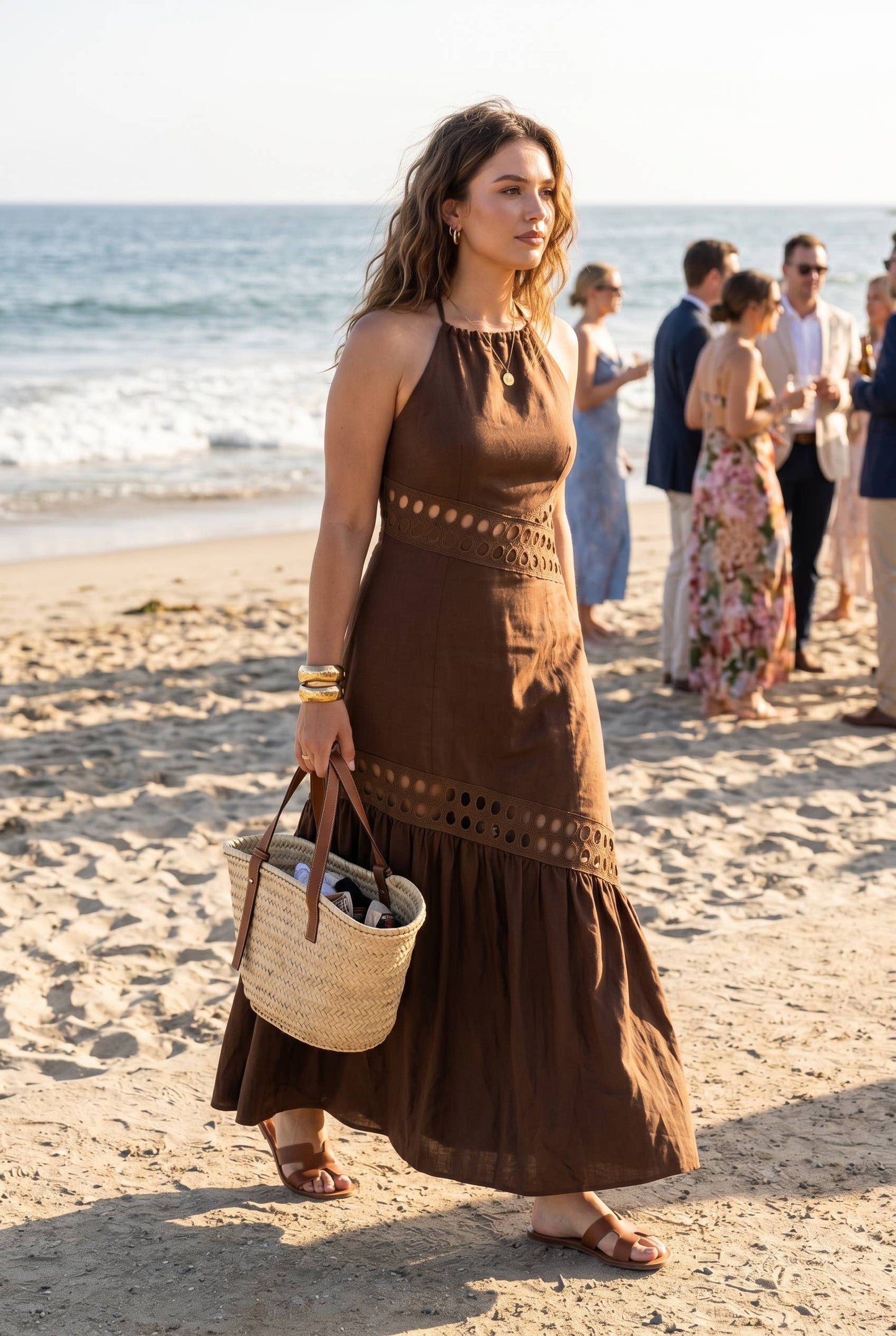 Cutwork lace trimmed maxi dress with halter neckline