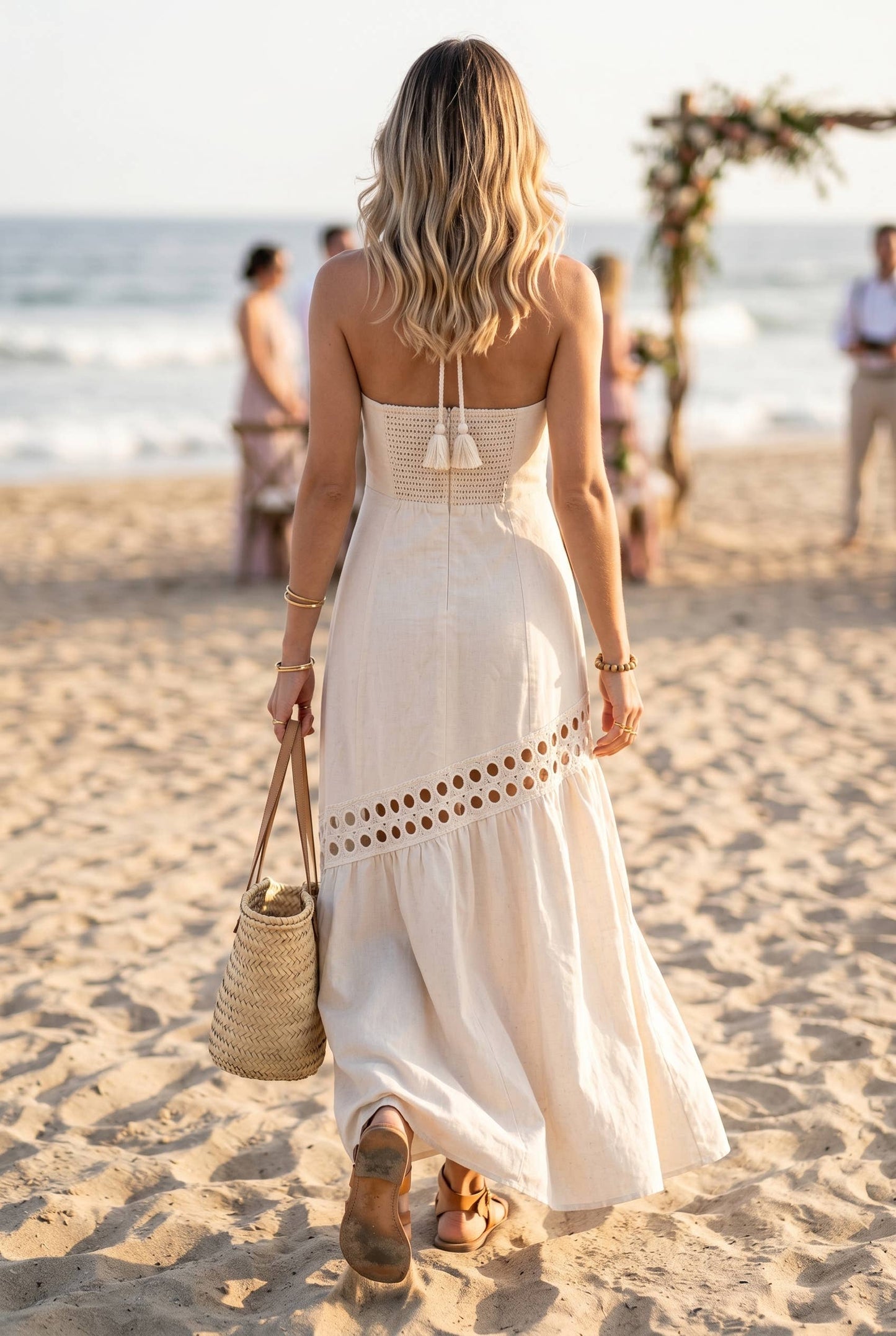 Cutwork lace trimmed maxi dress with halter neckline