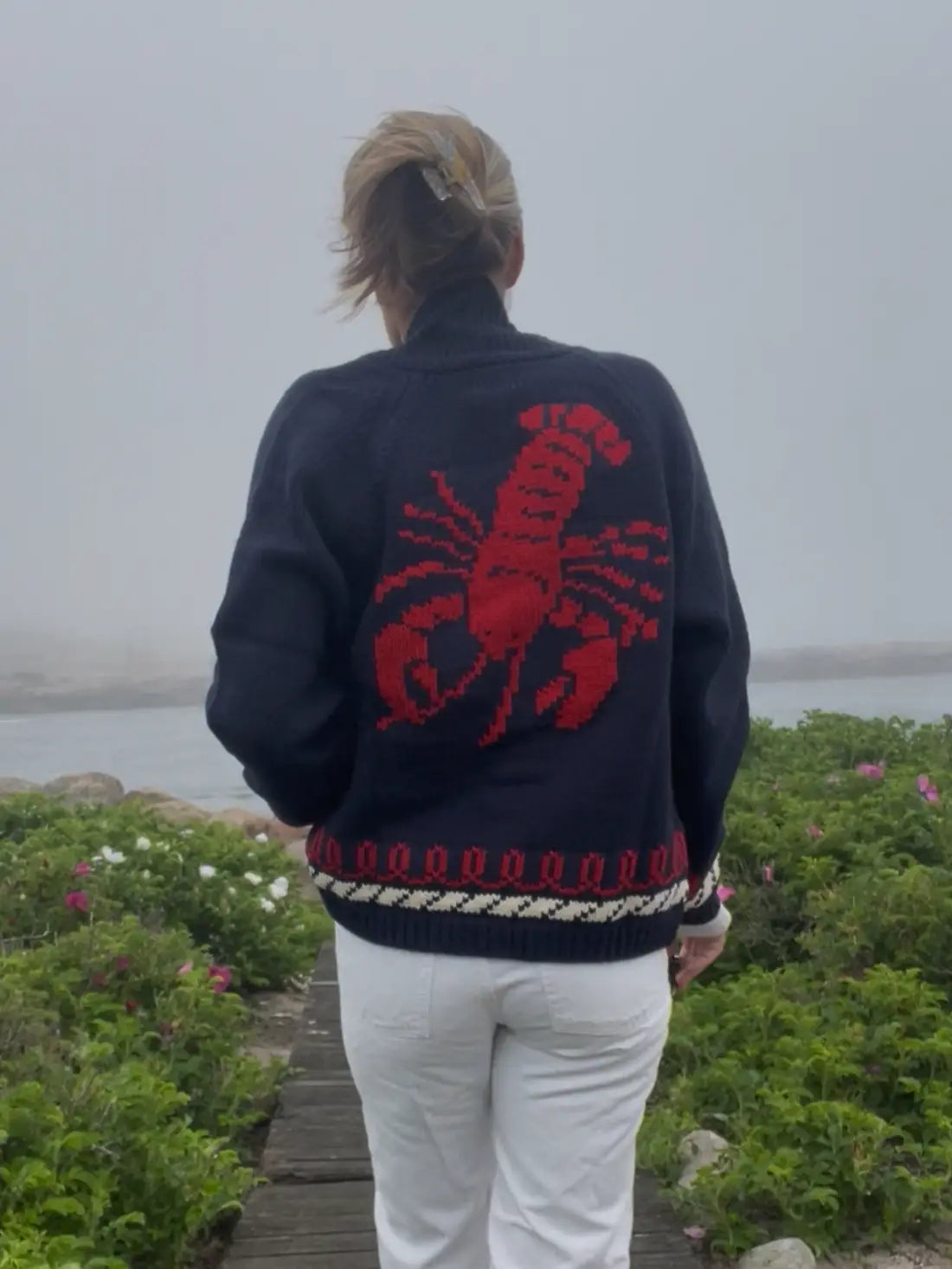 NAVY RED LOBSTER VARSITY CARDIGAN