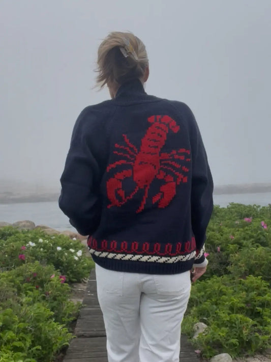 NAVY RED LOBSTER VARSITY CARDIGAN
