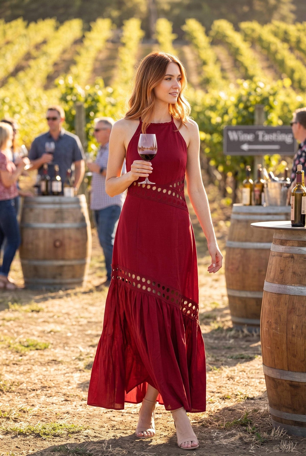 Cutwork lace trimmed maxi dress with halter neckline