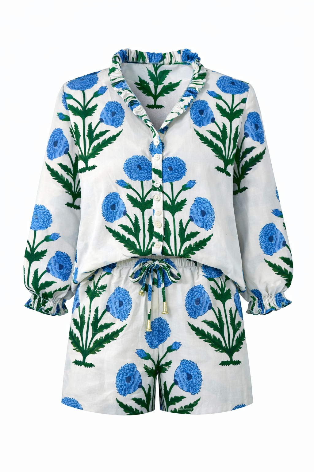 Big Blue & Green Floral Print Women's Button Up Ruffled Set