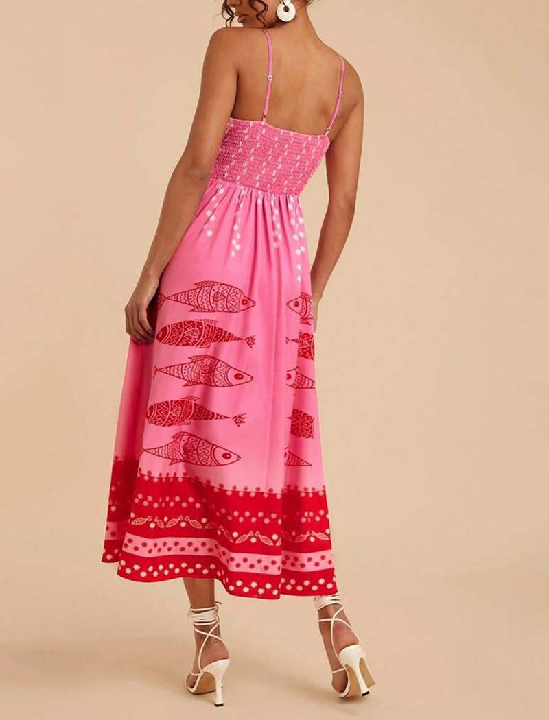 Pink Fish Print Spaghetti Strap Midi Dress