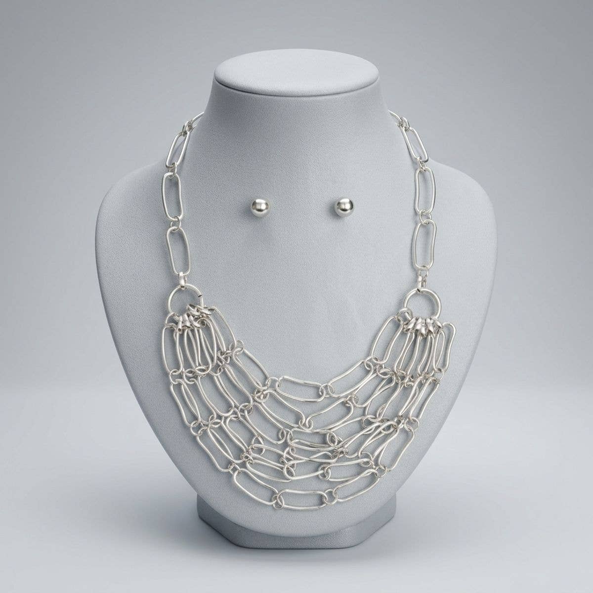 6 Row Silver Long Oval Link Layered Chain Necklace