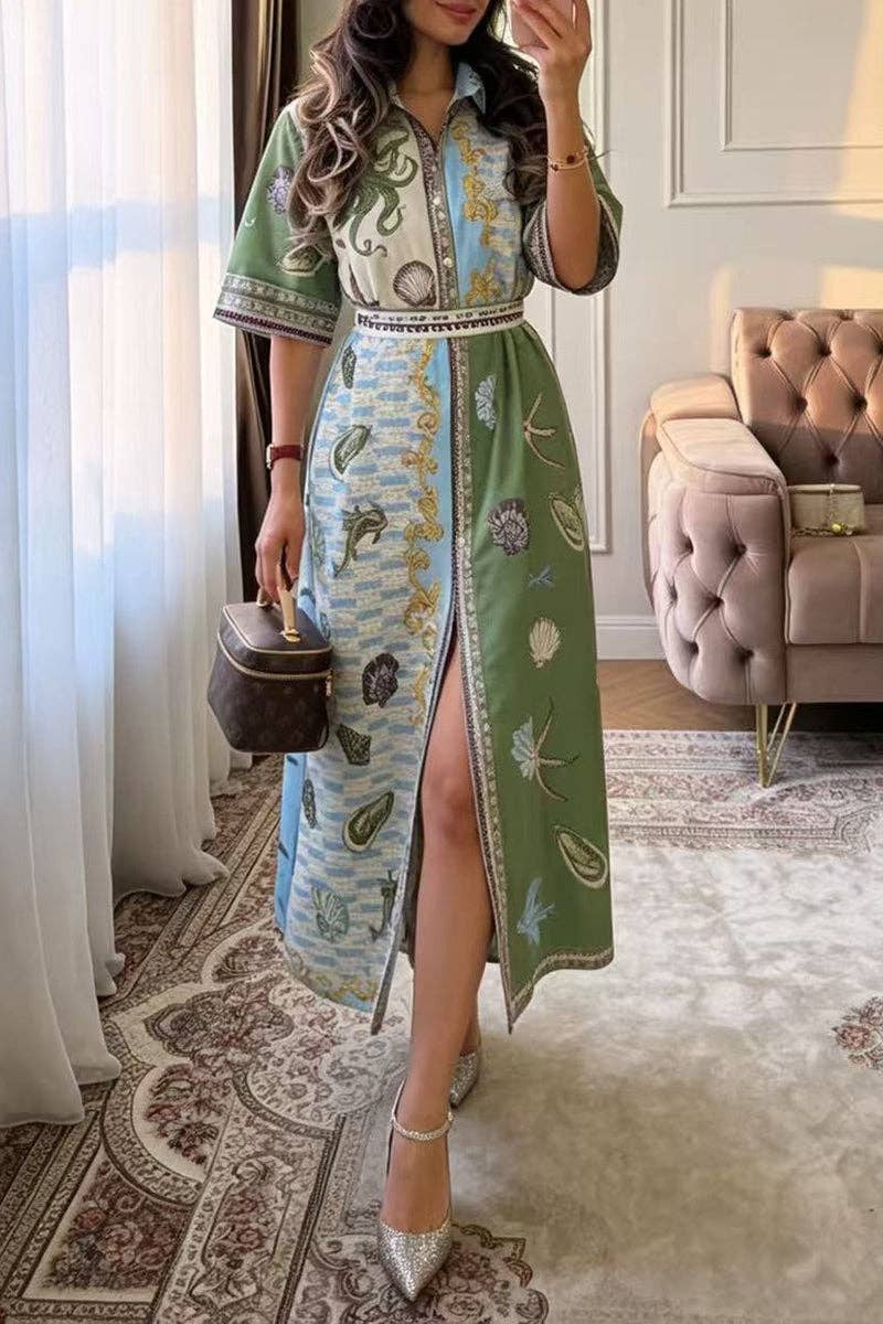 Ocean themed Print Button-Up Shirt Dress