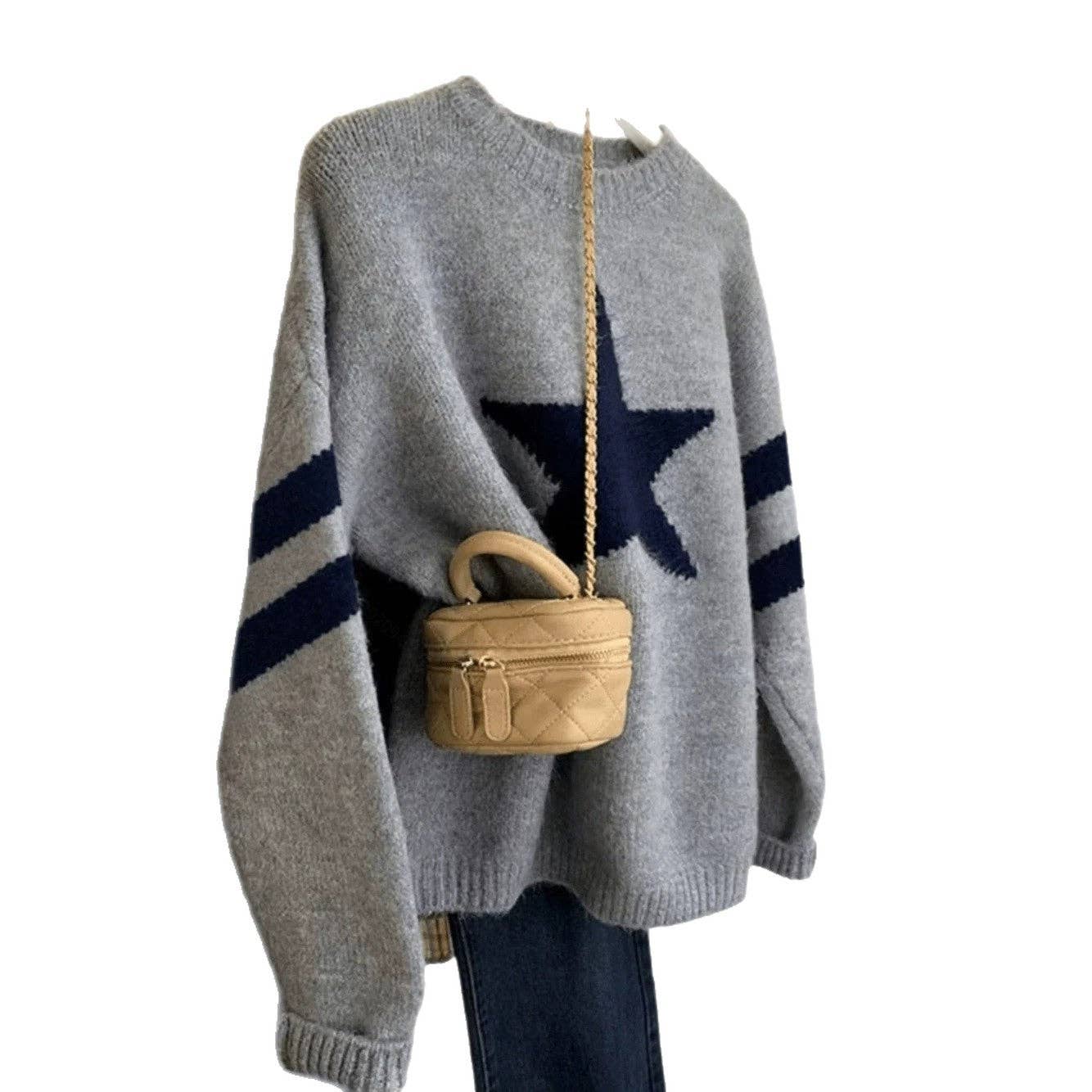 Star Graphic Crew Neck Knit Pullover Sweater