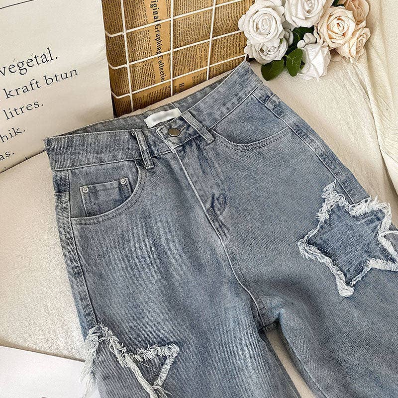 Star Patch Loose High Waist Straight Leg Jeans
