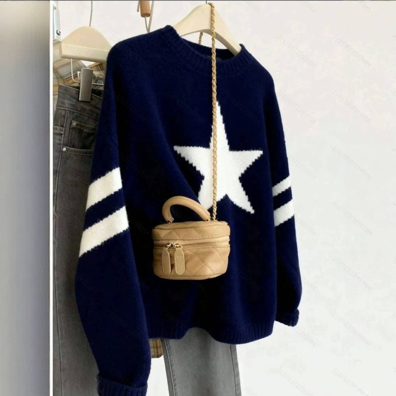 Star Graphic Crew Neck Knit Pullover Sweater