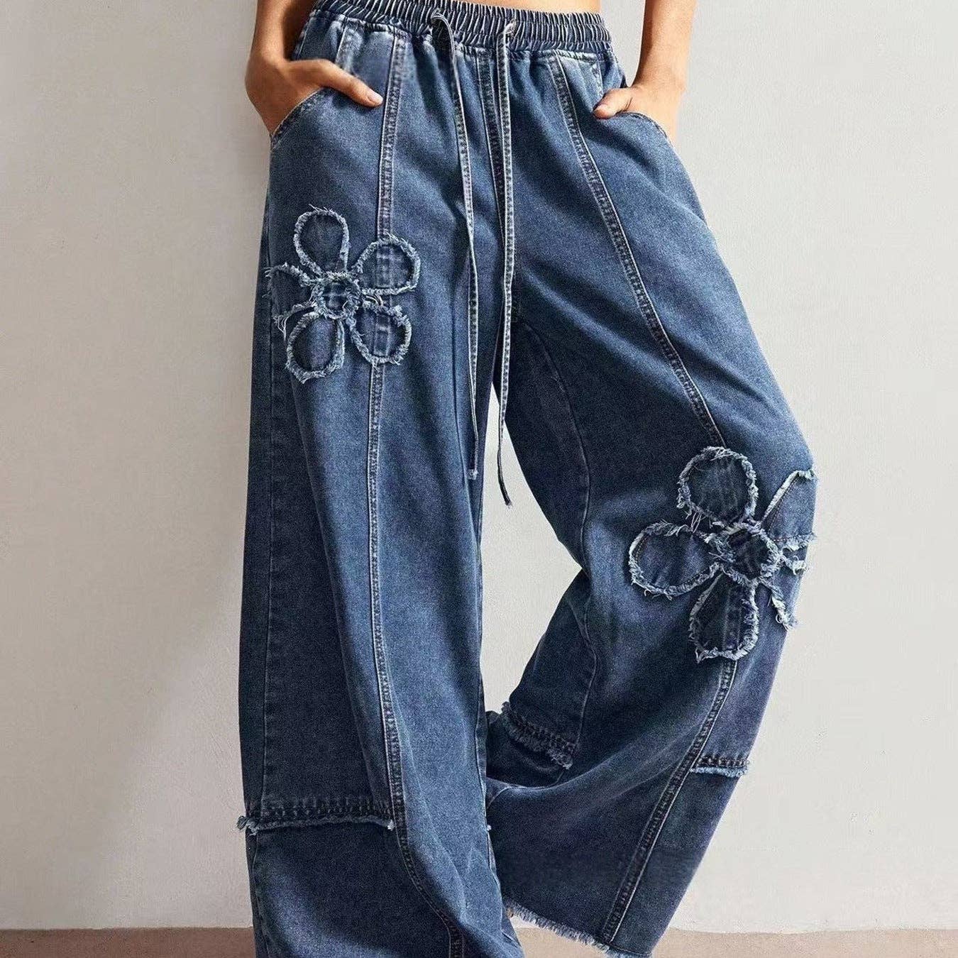 Vintage Boho Floral Patch Wide Leg Denim Pants