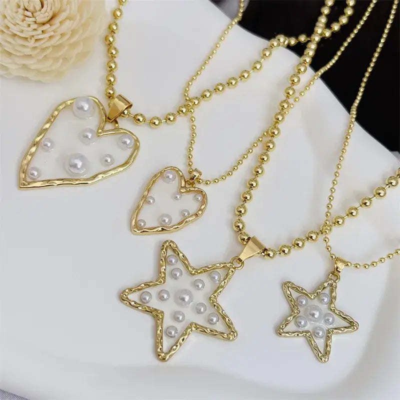 Gold Beaded Pearl Necklace with Heart or Star Pendant
