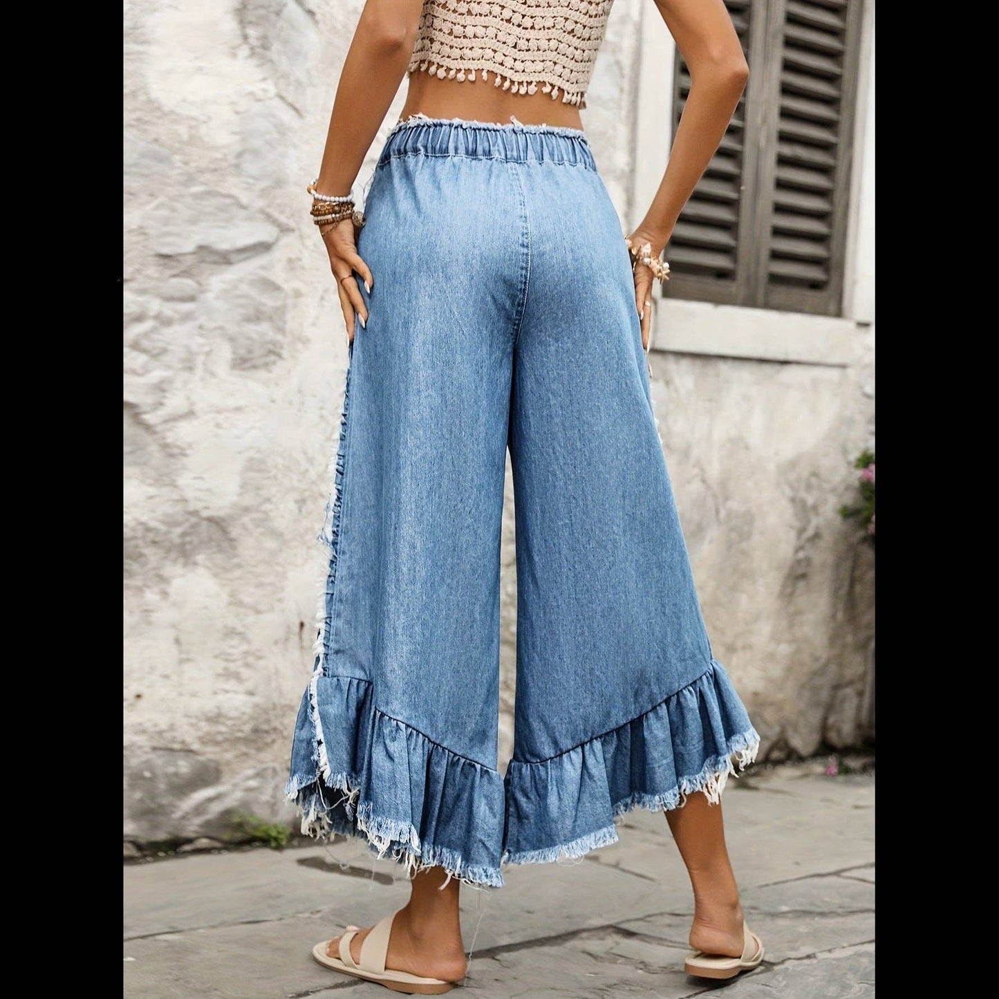 Women's Casual Elastic Waist Wide Leg Jeans