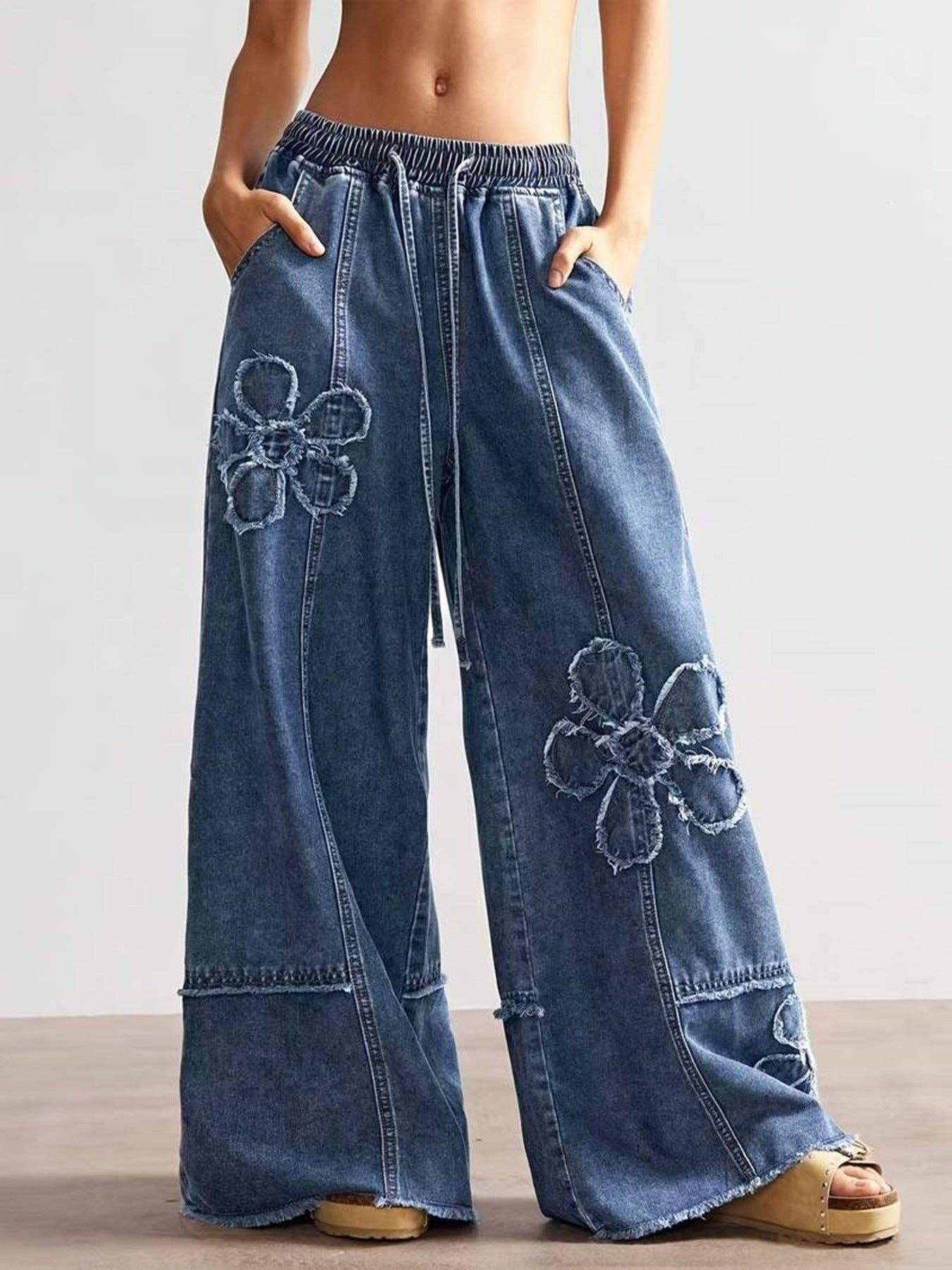 Vintage Boho Floral Patch Wide Leg Denim Pants
