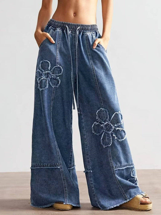 Vintage Boho Floral Patch Wide Leg Denim Pants
