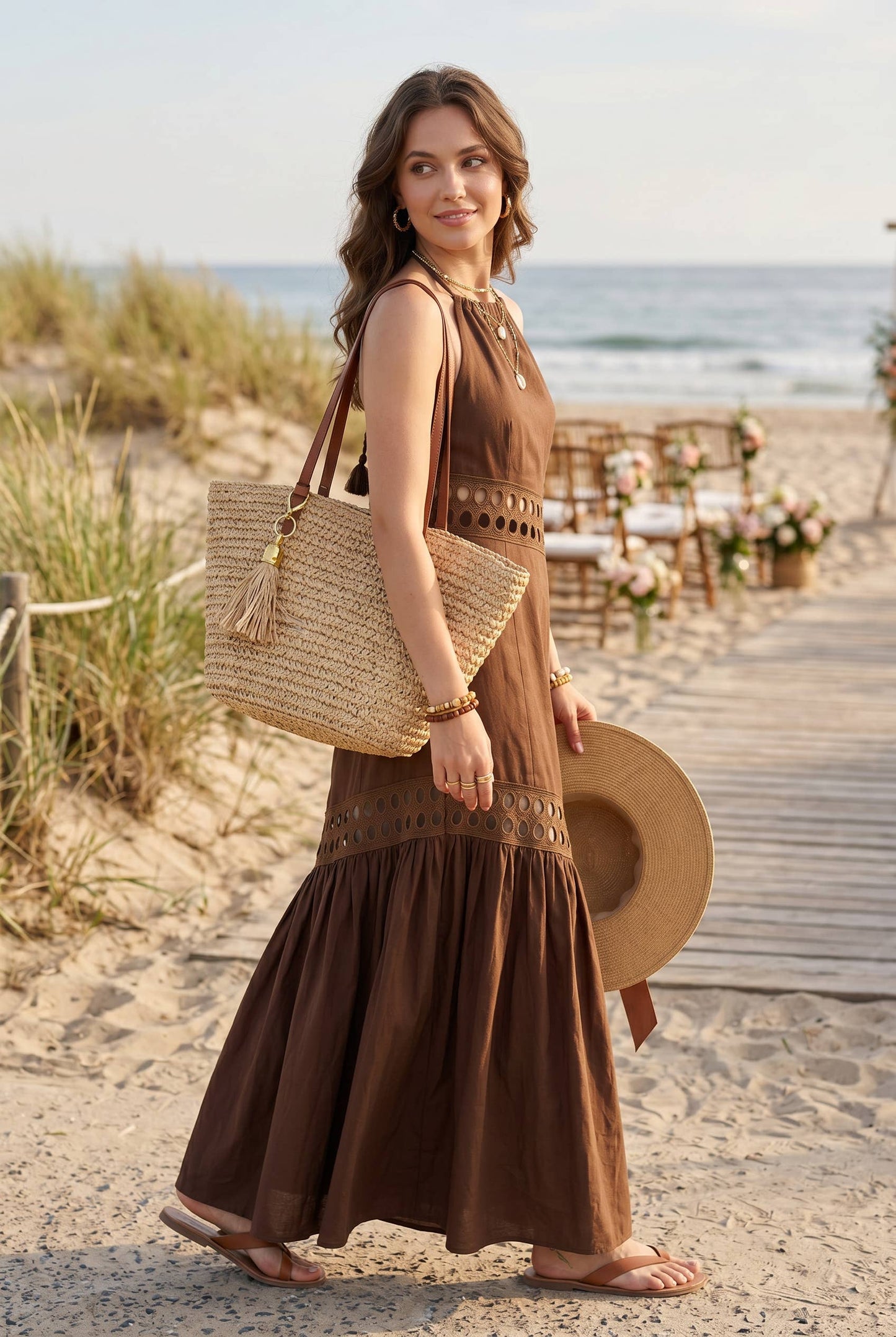Cutwork lace trimmed maxi dress with halter neckline
