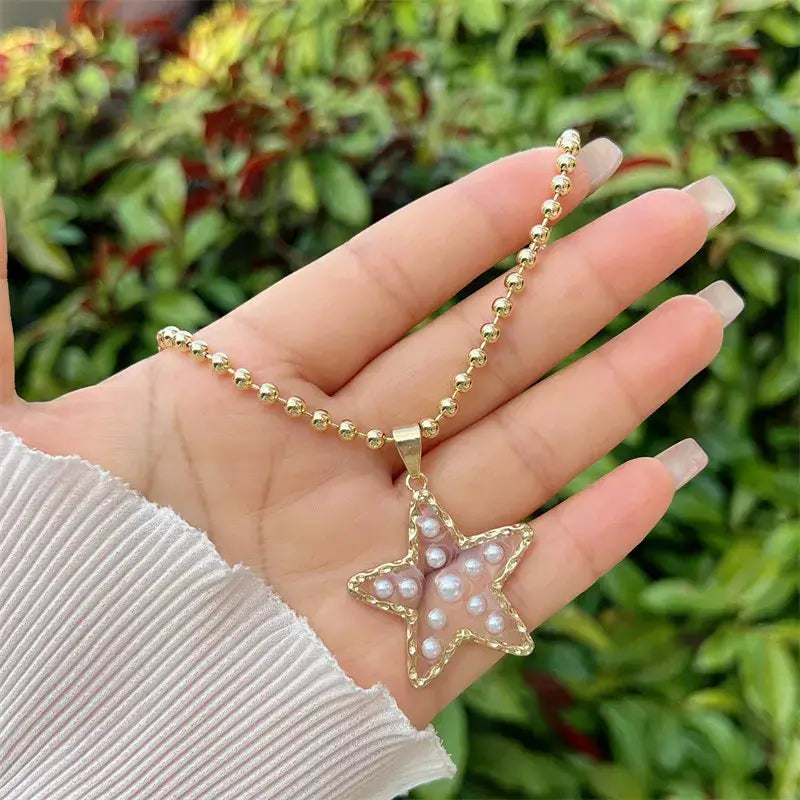 Gold Beaded Pearl Necklace with Heart or Star Pendant