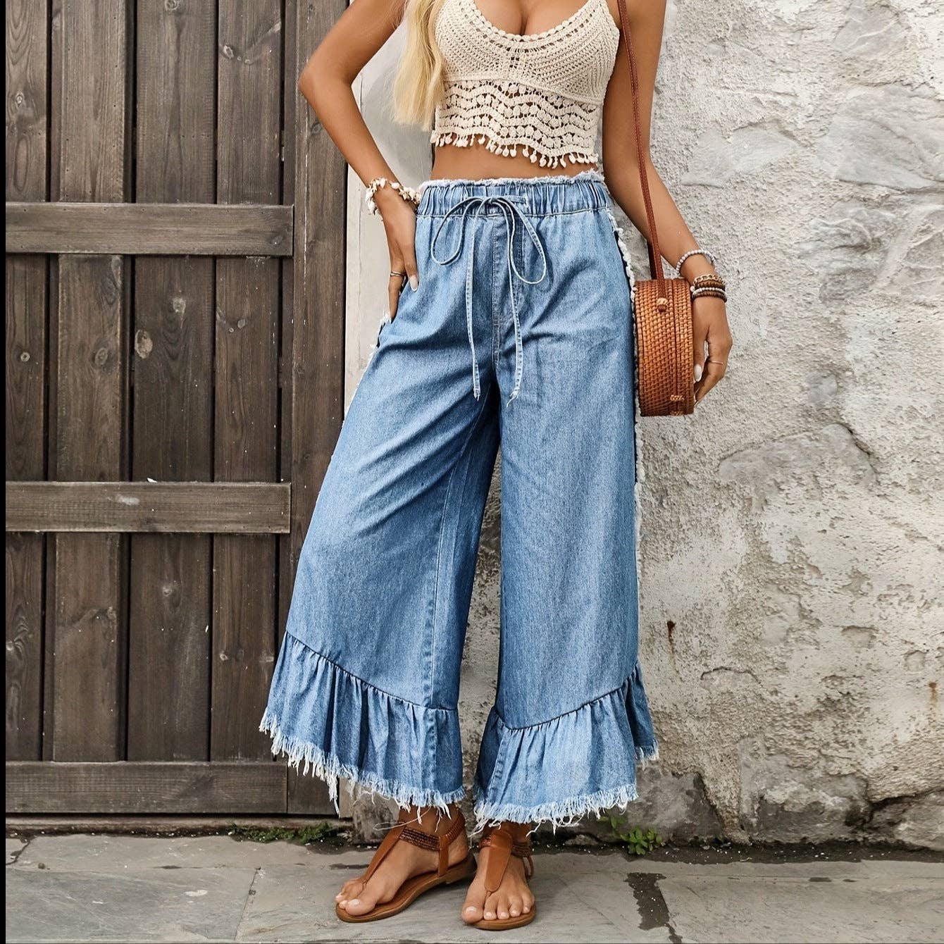 Women's Casual Elastic Waist Wide Leg Jeans