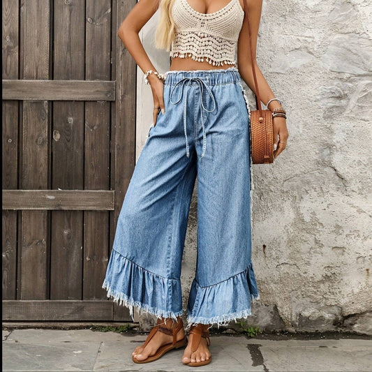 Women's Casual Elastic Waist Wide Leg Jeans