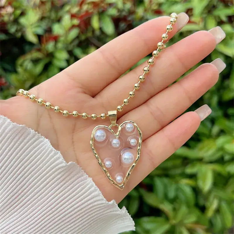 Gold Beaded Pearl Necklace with Heart or Star Pendant