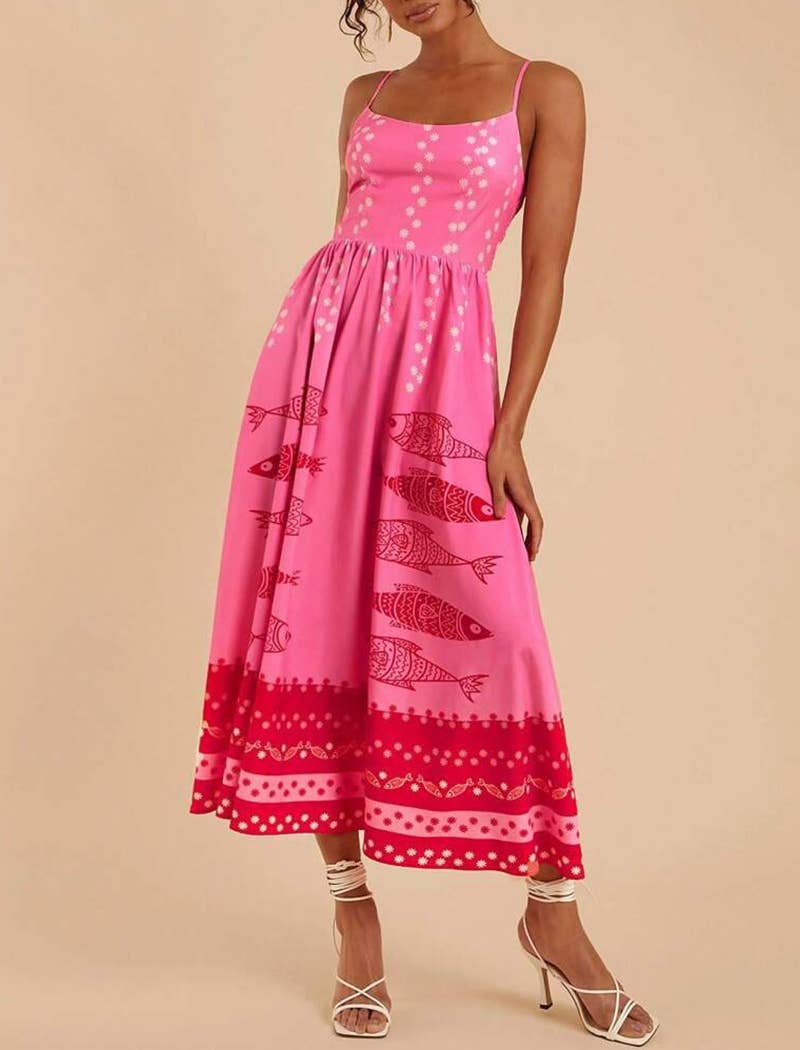 Pink Fish Print Spaghetti Strap Midi Dress