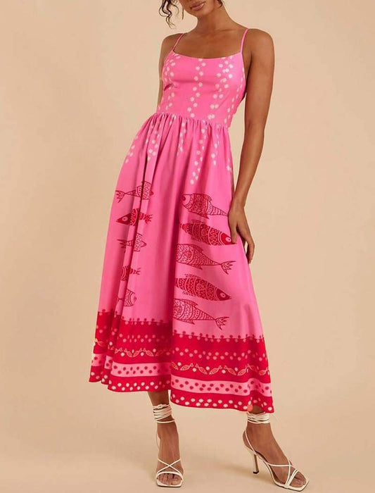 Pink Fish Print Spaghetti Strap Midi Dress