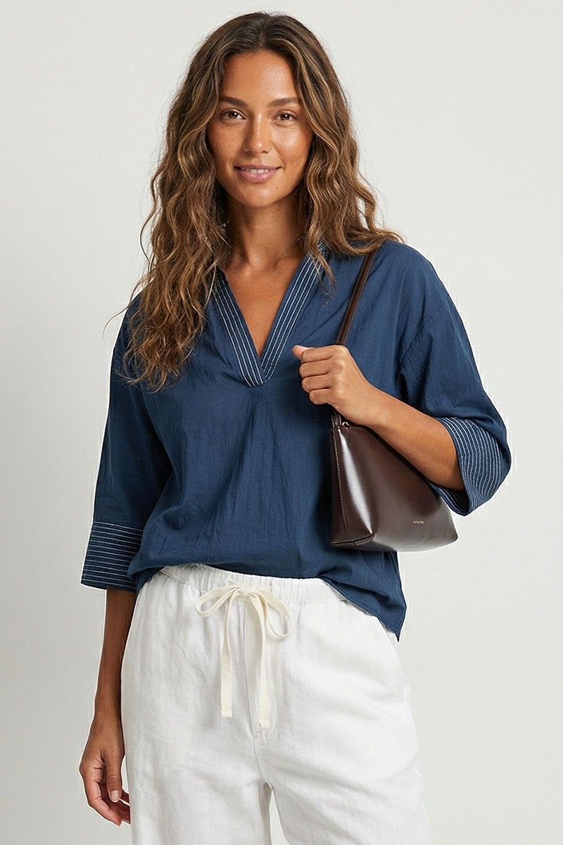 TRINITY CONTRAST STITCH POPOVER BLOUSE