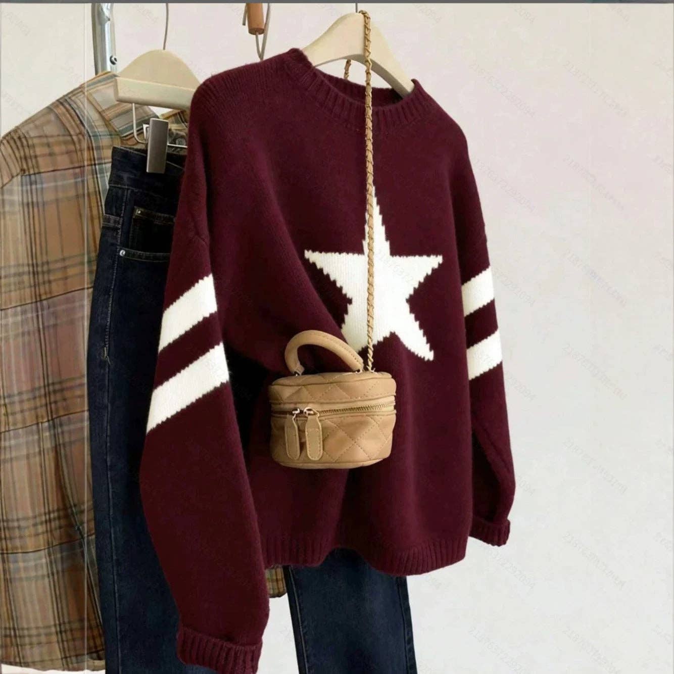 Star Graphic Crew Neck Knit Pullover Sweater