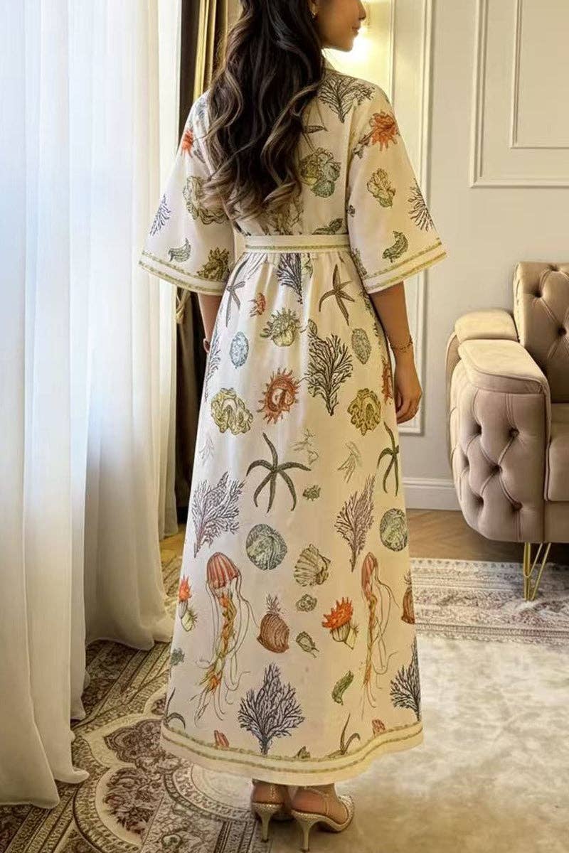 Ocean themed Print Button-Up Shirt Dress