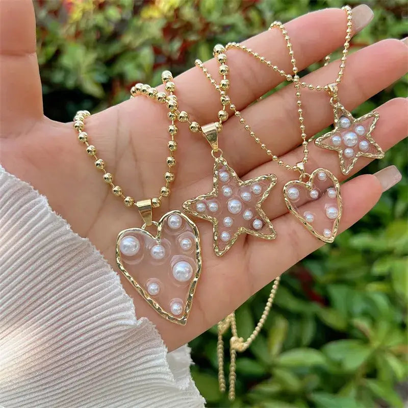 Gold Beaded Pearl Necklace with Heart or Star Pendant