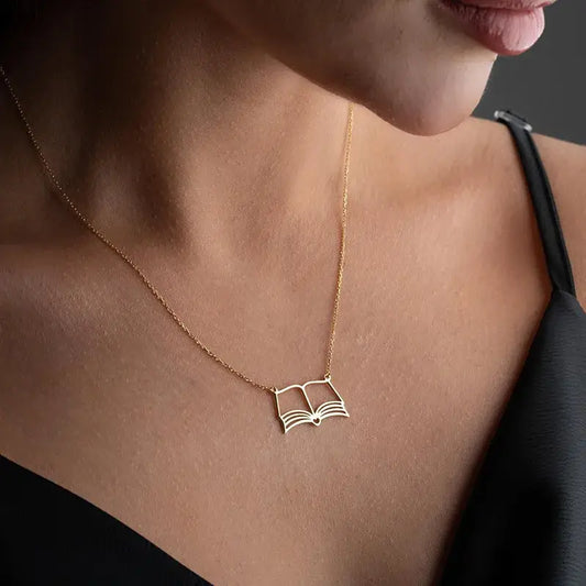 18K Gold Book Lover Pendant Necklace – Stainless Steel