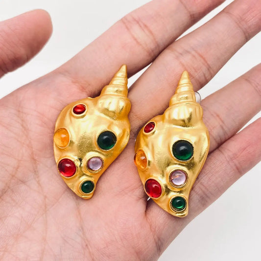 GOLD AND SEA GLASS CONCH EARRINGS