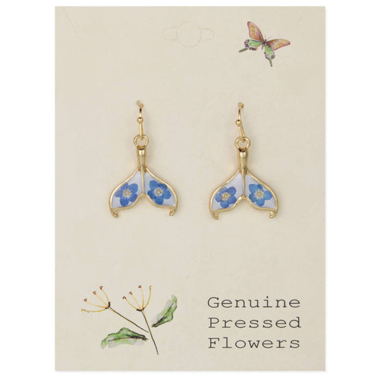 Ocean Blue Dried Flower Gold Mermaid Tail Earrings